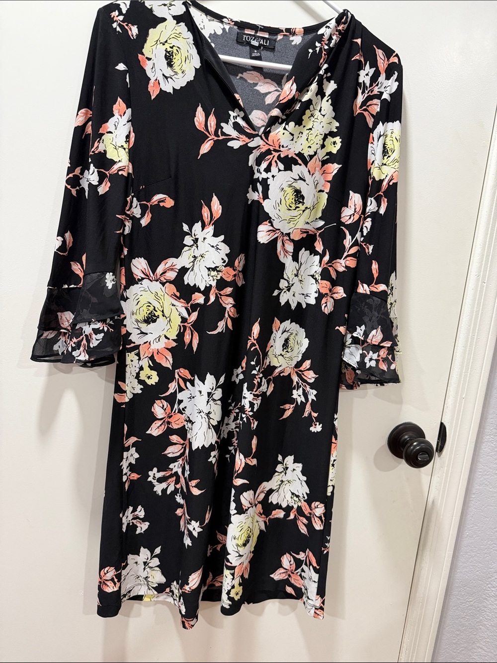 Roz & Ali Black Floral V-Neck Nightdress with Ruffle Sleeves